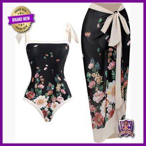 Floral High Cut Push Up Bikini Set with Cover Up Skirt Small